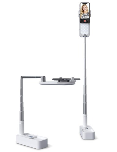 Viozon - Soporte extensible para autofoto de rotación de 360° con soporte para teléfono, recargable inalámbrica, plegable, 7 brillos LED para transmisión en vivo, YouTube/Tiktok/grabación de - Blanco