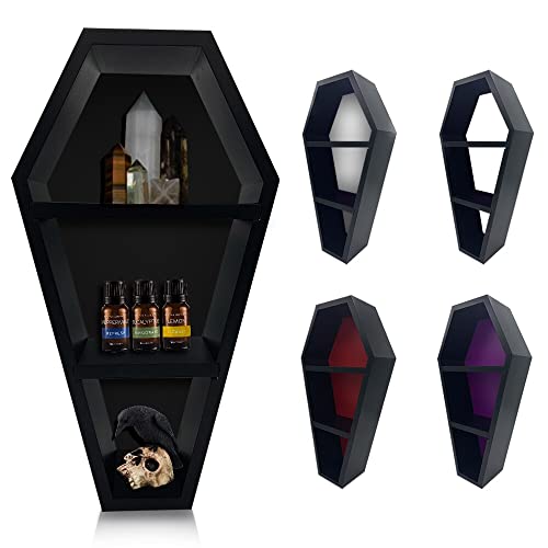Spooky Looky Life Coffin Shelf - The Original Multiple Colors and Looks All in 1 Shelf Design - Unique Gothic Decor for The Home - Wooden Black Floating Wall Or Table top Shelf - 15" Tall by 8" Wide