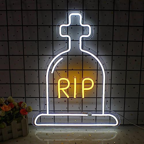 LUCUNSTAR Halloween Cross Neon Sign Headstone Neon Lights Rip Led Sign Tombstone Led Neon Sign With USB Powered Light up Sign Neon Signs for Wall Decor Living Room Outdoor Holiday Gift for Children - Warm White Cross