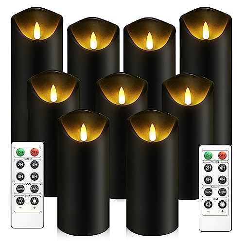 kakoya Flickering Flameless Candles, Battery Operated Acrylic LED Pillar Candles with Remote Control and Timer, Set of 9 (Black) - Black