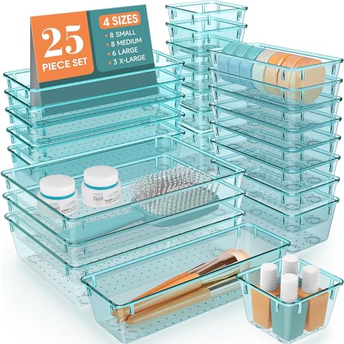 WOWBOX 25 PCS Plastic Drawer Organizer Set, 4 Sizes Desk Drawer Divider Organizers and Storage Bins for Makeup, Jewelry, Gadgets for Kitchen, Bedroom, Bathroom, Office - Sea Blue - 25