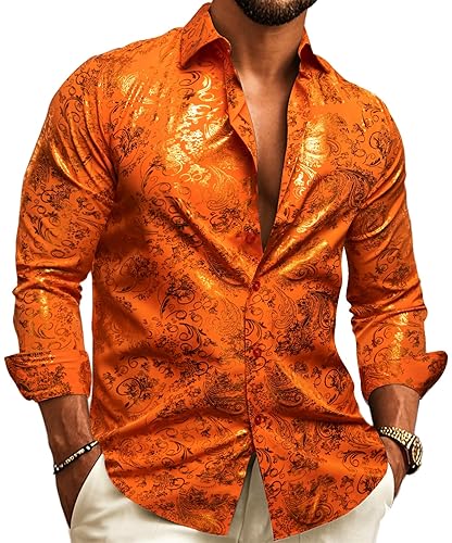 Barry.Wang Men's Disco Dress Shirt Long Sleeve Nightclub Mexico Paisley Floral Shirts Metallic Gothic Shiny Button Down Shirt - Large - Print Orange