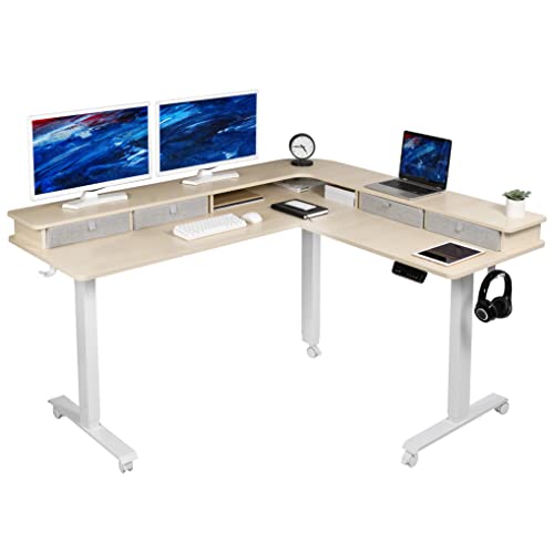 VIVO Electric 2-Tier Height Adjustable 63 x 55 inch Stand Up Corner Desk, L-Shaped Mobile Table with Memory Controller, Light Wood Table Top, White Frame, Light Gray Storage Drawers, DESK-E3CVC - Light Wood Top / White Frame