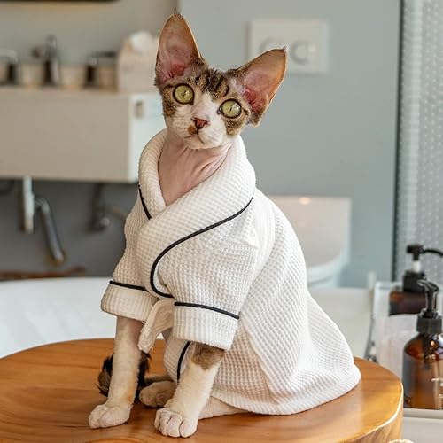 Sphynx Cat Bathrobe Bath Towel for Hairless Cat and Devon Rex Pet White Pet Robe - L-