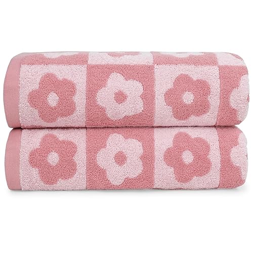 Jacquotha 2-Pieces Luxury Bath Towels Checkered Floral, Pink Towels for Women Girls Shower Body 27.5x55 Inches, Valentines Gifts for Her Wife Daughters Mom, Cotton - Pink