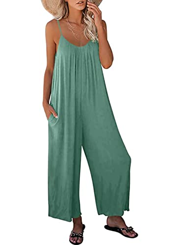 Happy Sailed Women's Casual Sleeveless Front Button Loose Jumpsuits Stretchy Long Pants Romper with Pockets - Medium - A Solid Green 2