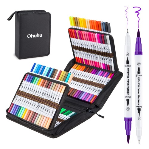 Ohuhu Art Markers, Dual Tips, 120 Colors Marker Set, Coloring Brush Fineliner Color Pens, Water Based Marker for Calligraphy Drawing Sketching Coloring Bullet Journal Art Supplies White - White Package
