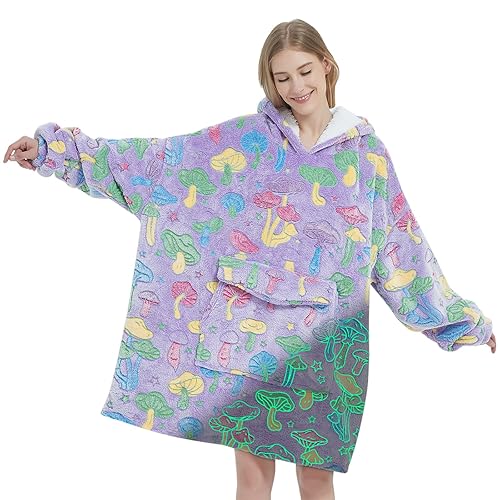 Glow in The Dark Mushroom Wearable Blanket Hoodie for Adult,Oversized Sherpa Fleece Blanket Hoodie for Women Men,Mushroom - Adults-mushroom - Adult