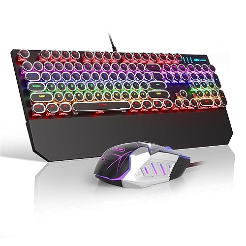 Retro Typewriter Keyboard and Mouse Combo, Cute Black Keyboard with Linear Red Switches, Full Size Wired Mechanical Gaming Keyboard, Cool Light Up Keyboard and Mouse for Gaming,Work,Mac,PC,Windows - black set