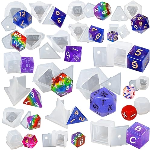 FUNSHOWCASE Resin Dice Molds Epoxy Casting Kit Set Number Letter Operation D4 D6 D8 D10 D12 D20 D24 20-Count 0.7-1.6inch