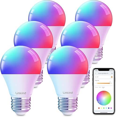 Linkind Color Changing Smart WiFi Light Bulbs, Work with Alexa & Google Home, A19 E26 Dimmable RGBTW Bulbs, No Hub Needed, 800 Lumen, 2.4Ghz WiFi, 6 Pack - 6 Count(pack of 1)
