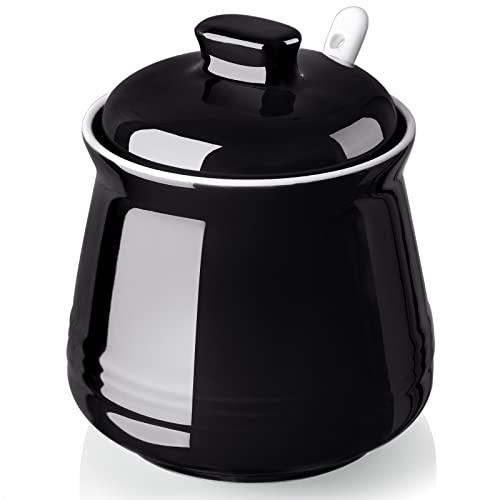 DAYYET Sugar Bowl with Lid and Spoon, 12 oz Ceramic Sugar Bowl with Spoon, Sugar Container for Coffee Bar, Sugar Jar Sugar Dispenser Bowl, Modern Kitchen Decor, Black - Black