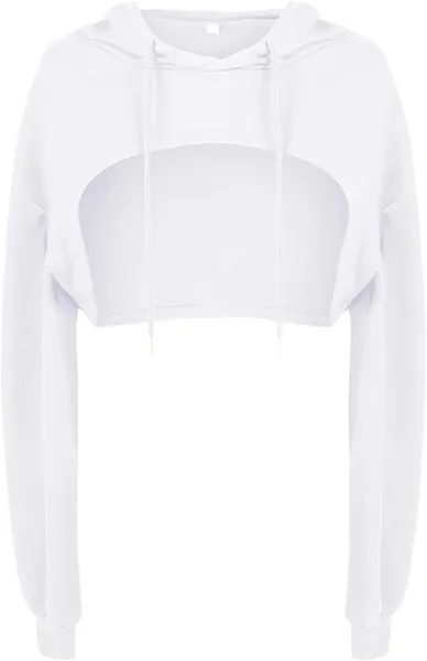 Women Long Sleeve Cropped Super Crop Top Hoodies Sweatshirt Aesthetic Punk Hip Hop Dance Sexy Rave Cloth - White XX-Large