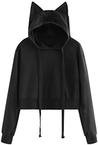 SweatyRocks Women's Long Sleeve Hoodie Crop Top Cat Print Sweatshirt - Small Black#2