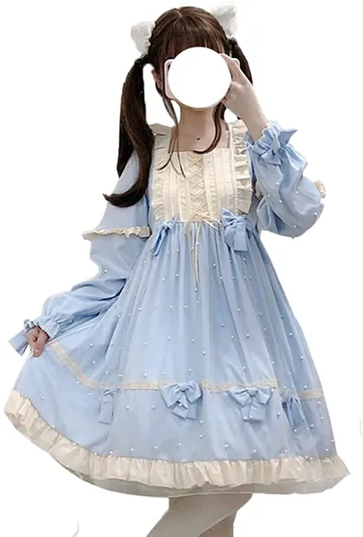 Packitcute Lolita Cute Dresses for Teens Japanese Style Sweet High Waist Long Sleeve Dress - Blue