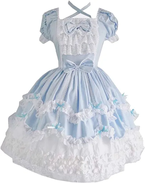 Re-Lady Women Sweet Lolita Dress Princess Halloween Cosplay Costumes Lace Layers Maid Dresses - Small Blue