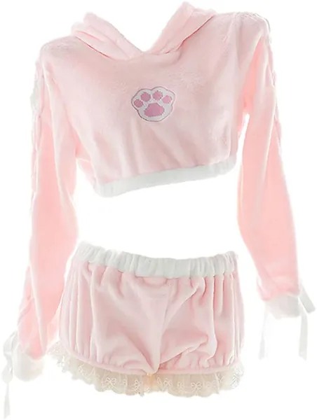 Japanese Lolita Girls Cute Pajamas Set Women Kawaii Rabbit Cosplay Plush Homewear Flannel Hoodie Sexy Sleepwear - Pink