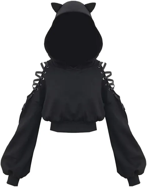 YANOOLH Women Cat Ear Hoodies Long Sleeve Off Shoulder Cute Crop Top Pullover Hoodie Sweatshirt - Medium Black