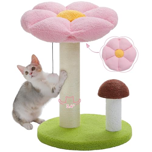 PETEPELA Cat Scratching Post, Mushroom Cat Scratcher Cute Cat Tree Tower with Thick Scratching Post & Removable Flower Cat Bed [Dia=15.7''], Tall Cat Post for Kittens and Indoor Small Cats, Pink - 19.6" - Flower Pink