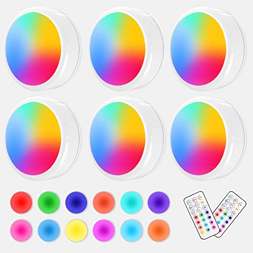 ILYXY Puck Lights with Remote, 6 Pack LED Under Cabinet Lighting Dimmable Push Lights Battery Operated Under Counter Tap Lights for Kitchen, Multicolor Transformation Stick On Lights, Shiny White - White - 6 Pack