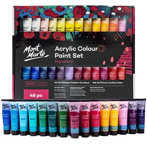 MONT MARTE Signature Acrylic Paint Set, 48 x 36ml, Semi-Matte Finish, 48, Suitable for Canvas, Wood, MDF, Leather, Air-Dried Clay, Plaster, Cardboard, Paper and Crafts - 36 ml (Pack of 48) - Multicolor