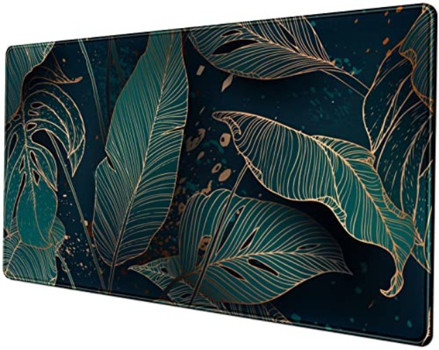 Desk Pad, Green Gold Palm Leaves Extended Gaming Mouse Pad Cute Large Desk Mat, Non-Slip Rubber Base Mousepad with Stitched Edges, Keyboard Mouse Mat Desk Pad for Game Office Home 31.5x15.75 in - Green Gold Palm Leaves