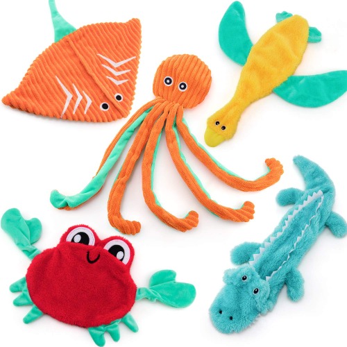 AWOOF 5 Pack No Stuffing Dog Toys, Cute Plush Dog Squeaky Toy Dog Chew Toy Puppy Teething Toy - 5 Pack Marine animals