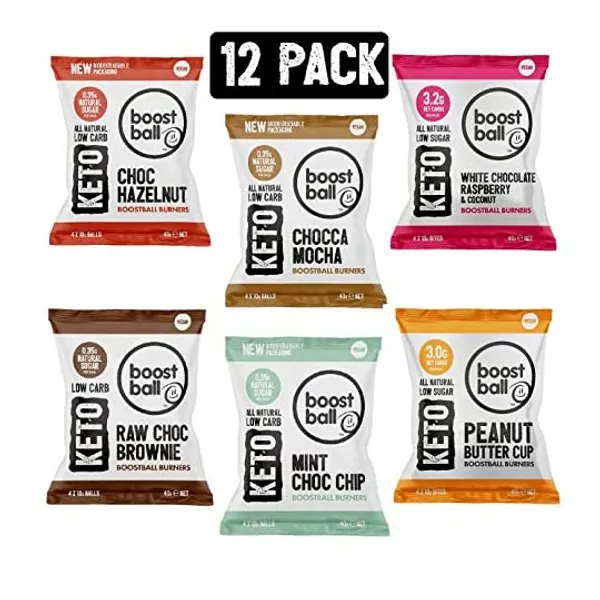 
                            Boostballs Keto Snacks, 6 Flavours Mixed Variety Pack Bites, Low Carb & Sugar, Vegan, Gluten Free, 100% Natural, 12 Count
                        