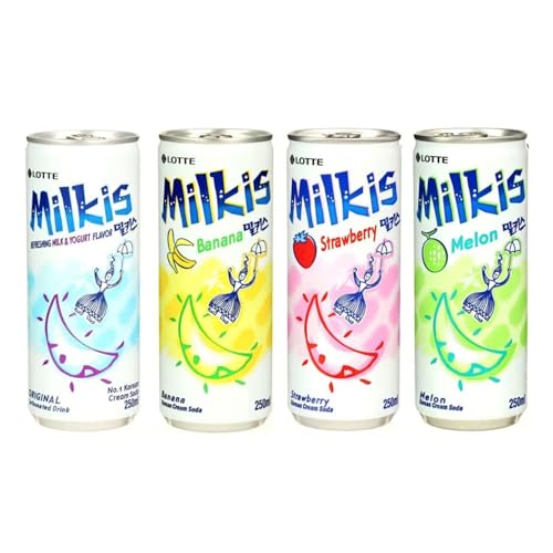 LOTTE Milkis Korean Fruity Cream Soda Milky Soft Drink 250ml - Banana, Melon, Strawberry and Milk & Yogurt Flavour (Pack of 4)