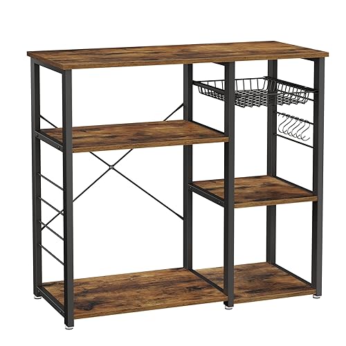 VASAGLE ALINRU Kitchen Baker’s Rack, Coffee Bar, Microwave Oven Stand, with Steel Frame, Wire Basket, 6 Hooks, 35.4", Rustic Brown - No Power Outlet - Rustic Brown