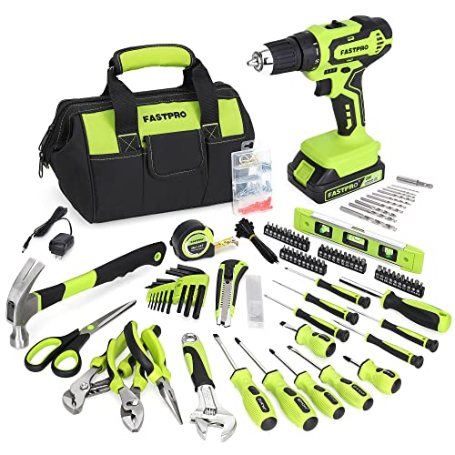 FASTPRO 232-Piece 20V Cordless Lithium-ion Drill Driver and Home Tool Set, Household Repairing Tool Kit with Drill, 12-Inch Wide Mouth Open Storage Tool Bag, Green - Green