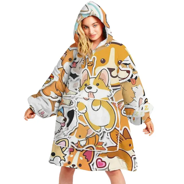 64HYDRO Blanket Hoodie - Premium Wearable Hooded Blanket - Corgi Dog Pattern Corgi Lover - Oversized Hoodie Blanket - Thanksgiving Christmas Valentine Gifts for Women & Men