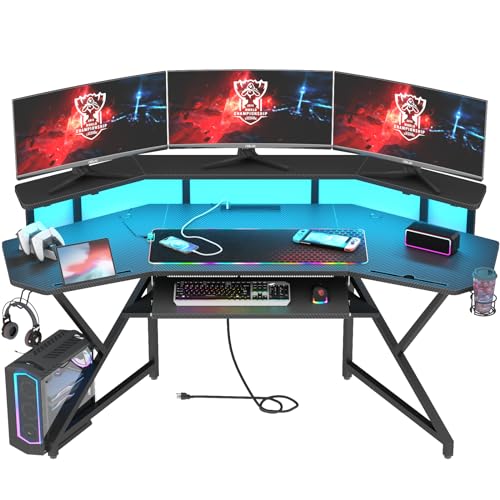 Auromie 72" Gaming Desk with Power Outlet & Led Strip, Large Wing-Shaped Computer Desk w Monitor Stand & Keyboard Tray & RGB Mouse Pad, Studio Desk w Storage Shelf Headphone Hook Cup Holder - With RGB Mouse Pad - Black