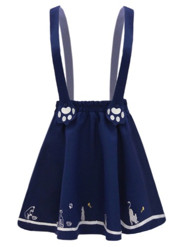 futurino Women's Sweet Cat Paw Embroidery Pleated Mini Skirt with 2 Suspender - Navy Medium