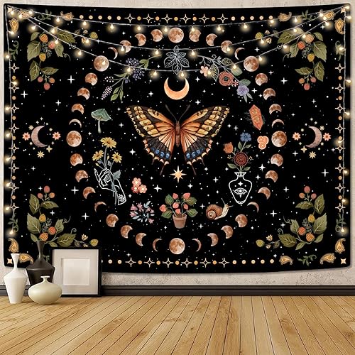Yellow Butterfly Moon Flower Tapestry