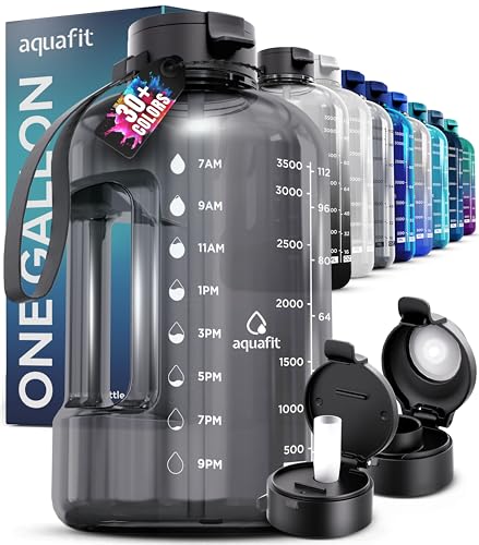 AQUAFIT 1 Gallon Water Bottle With Time Marker - Straw & Chug Lid - Big Water Bottle With Straw - BPA Free Gym Water Bottle With Handle - Gallon Water Jug (128 oz - 2 Lids, Gray) - 128 oz - 2 Lids - Gray