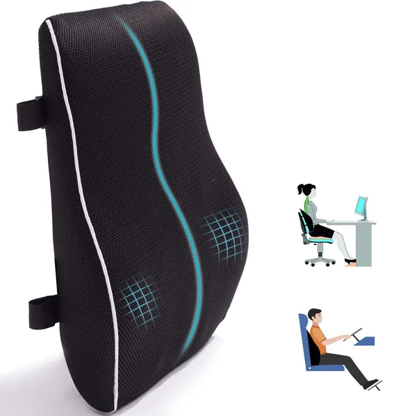 Lumbar Support Pillow for Office Chair Back Support Pillow for Car, Computer, Gaming Chair, Recliner Memory Foam Back Cushion for Back Pain Relief Improve Posture, Mesh Cover Double Adjustable Straps - 