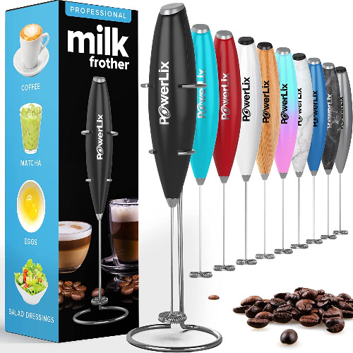 PowerLix Mousseur à Lait Électrique à Piles - Mousseur Lait avec support en acier inoxydable, 15-20s, puissant 19 000 tr/min, mini mousseur à café pour latte, cappuccino, chocolat chaud, Noir