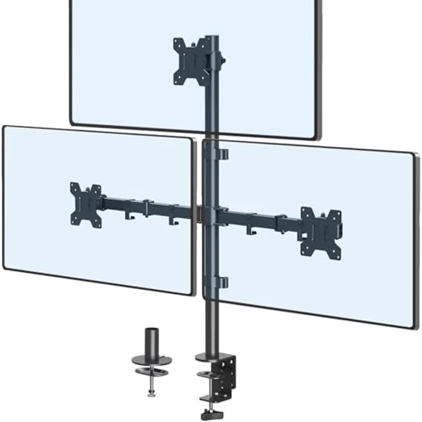 ErgoFocus Triple Monitor Stand, Monitor Desk Mount for Three Screens up to 32 Inch, Stacked Monitor Arm for 3 Monitors Max 17.6lbs per Arm, Height Adjustable, Tilt, Swivel VESA Mount 75/100x100mm