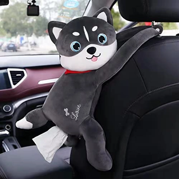 FQQWEE Dog Tissue Holder for Car Creative Cute Animal Cartoon Tissue Box Cover Portable Plush Paper Storage Holder Napkin Box for Home Office Car Bathroom Decoration - Gray Dog