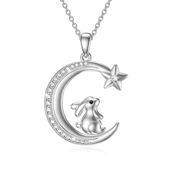 Cute Bunny Moon Necklace for Women,925 Sterling Silver Rabbit Necklace Crescent Moon Star Pendants Animal Jewelry Gift for Mom Girlfriend Daughter Wife