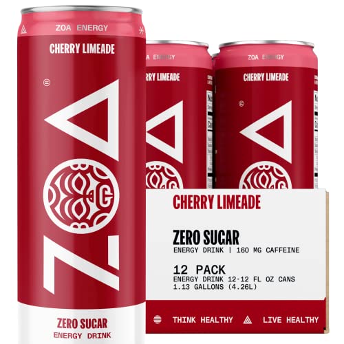 ZOA Zero Sugar Energy Drinks - Cherry Limeade | Healthy Energy Formula with Natural Caffeine, Daily Vitamin C, Essential B-Vitamins | Gluten-Free, Keto Friendly | 12 Ounce Cans (Pack Of 12) - Cherry Limeade - 12 Fl Oz (Pack of 12)