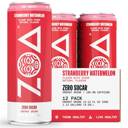 ZOA Zero Sugar Energy Drinks, Strawberry Watermelon - Sugar Free with Electrolytes, Healthy Vitamin C, Amino Acids, Essential B-Vitamins, and Caffeine from Green Tea - 12 Fl Oz (12-Pack) - Strawberry Watermelon - 12 Fl Oz (Pack of 12)