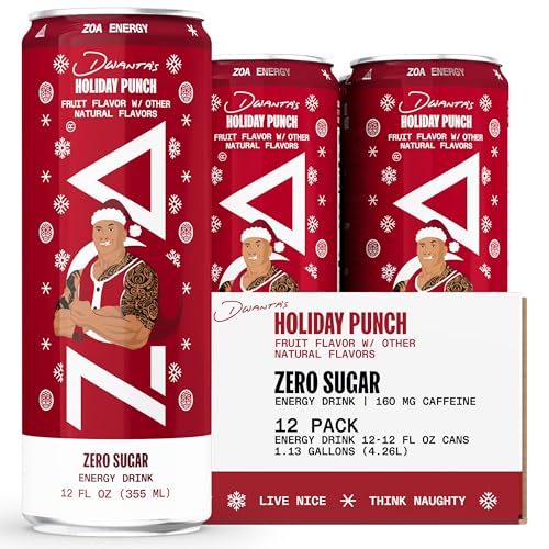 ZOA Zero Sugar Energy Drink, Dwanta's Holiday Punch - Limited-Edition Cranberry Flavor - Natural Caffeine, Electrolytes, Healthy Vitamin C, Amino Acids and B-Vitamins - 12 Fl Oz (12-Pack) - Dwanta's Holiday Punch - 12 Fl Oz (Pack of 12)