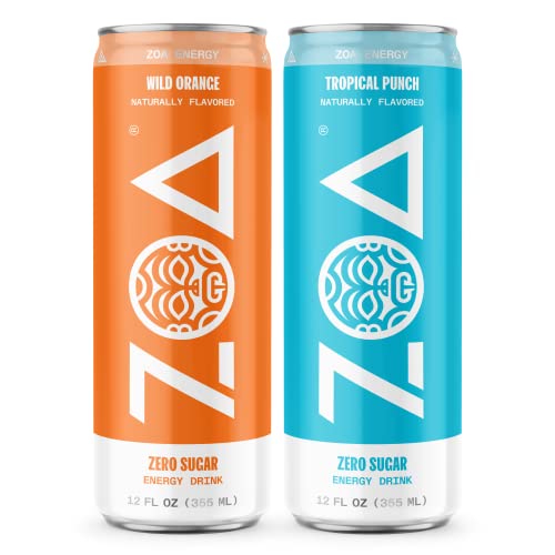 ZOA Sugar-Free Energy Drink Bundle 12 Fl Oz, (24 Pack) | Healthy Vitamin C, B6 & B12, Natural Caffeine | Wild Orange, Tropical Punch