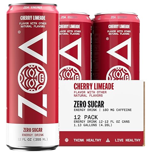 ZOA Zero Sugar Energy Drinks, Cherry Limeade - Sugar Free with Electrolytes, Healthy Vitamin C, Amino Acids, Essential B-Vitamins, and Caffeine from Green Tea - 12 Fl Oz (12-Pack) - Cherry Limeade - 12 Fl Oz (Pack of 12)
