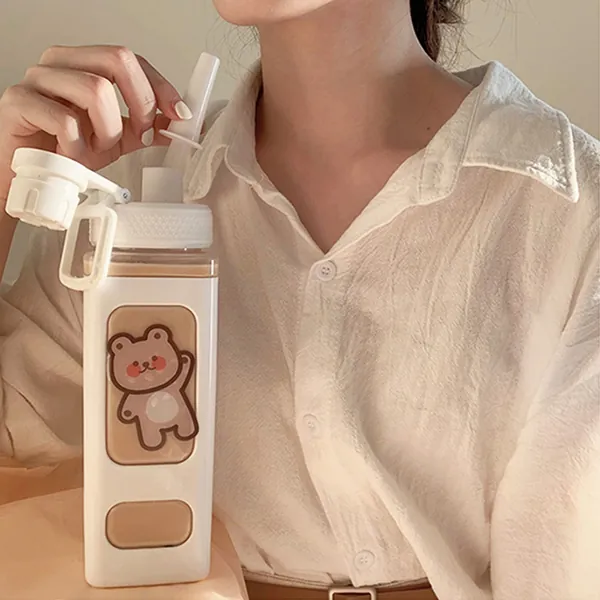 DKIIL NOIYB 700ml Kawaii Bear Water Bottle With Straw Plastic Portable Square Drinking Bottle Large Kawaii Water Bottle for Girl Cute Juice Tea Water Cups (With Sticker)