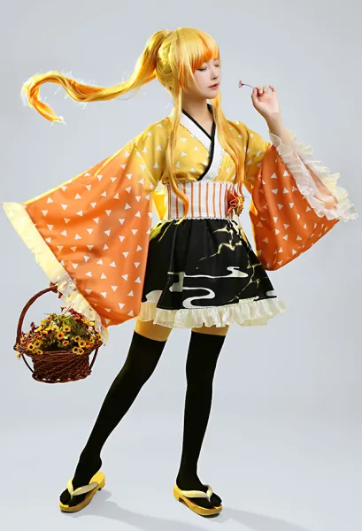 KNY Zenitsu Kimono Dress Set Cosplay Costume with Obi and Thigh Socks