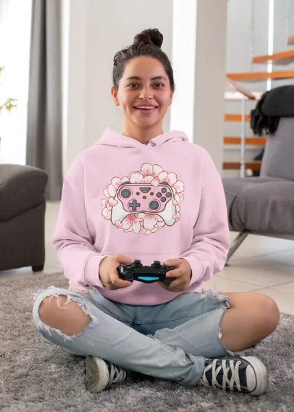 Sakura Controller Gaming Unisex Hoodie- Japanese Cherry Blossom Kawaii Sweatshirt for Console and PC Gamers, Girl Gamers and Magical Girls