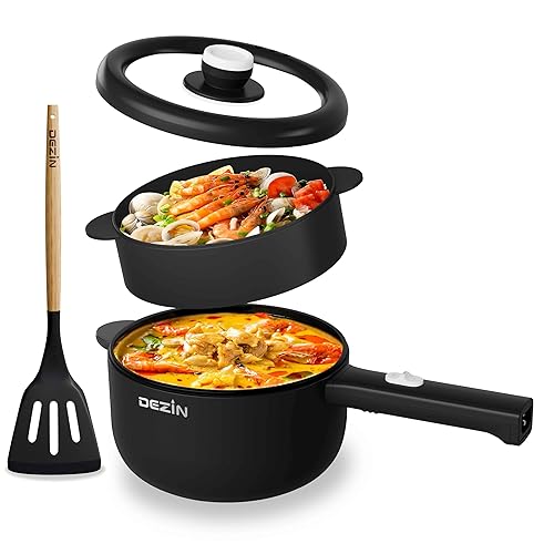 Dezin Electric Cooker, 2L Non-Stick Sauté Pan, Rapid Noodles Cooker, Mini Pot for Steak, Egg, Fried Rice, Ramen, Oatmeal, Soup with Power Adjustment, College Dorm Room Essential(Egg Rack Included) - Round - E(Black/with Steamer)